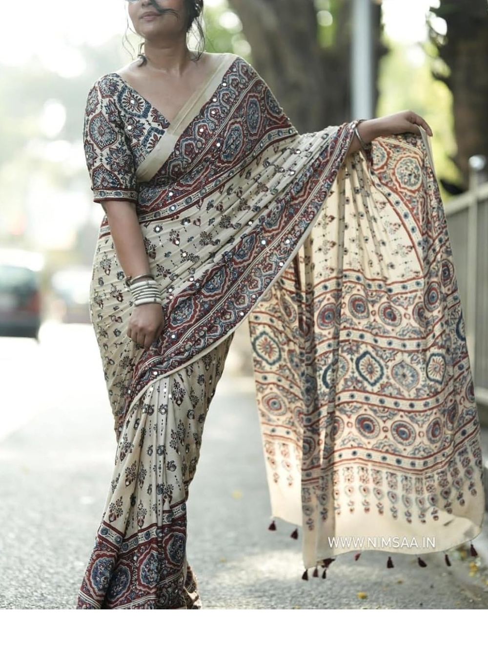 Ajrakh Print Japan Satin Saree with Mirror Work & Latkan - Picture 10 of 17